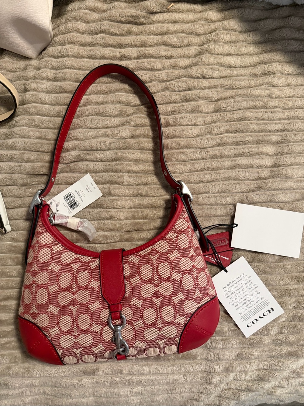 Coach Red Signature Jacquard Shoulder Bag with Leather Trim